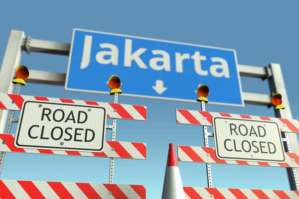 Barricate nei pressi del semaforo cittadino di Jakarta. Quarantena o blocco della malattia di Coronavirus in Indonesia rendering 3D concettuale — Foto Stock