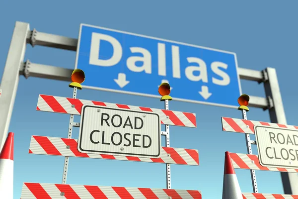 Bloqueo de carreteras en el semáforo de Dallas. Cuarentena o bloqueo de la enfermedad por Coronavirus en los Estados Unidos renderizado 3D conceptual — Foto de Stock