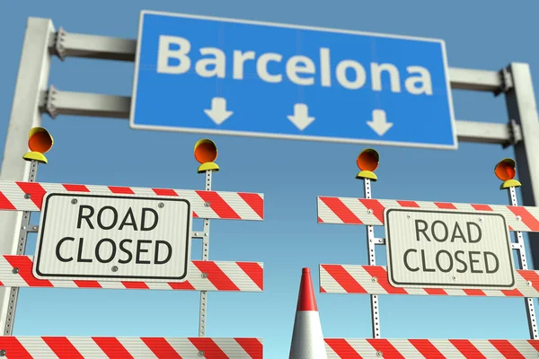 Bloqueo de carreteras cerca de la señal de tráfico de Barcelona. Cuarentena o bloqueo en España renderizado 3D conceptual —  Fotos de Stock