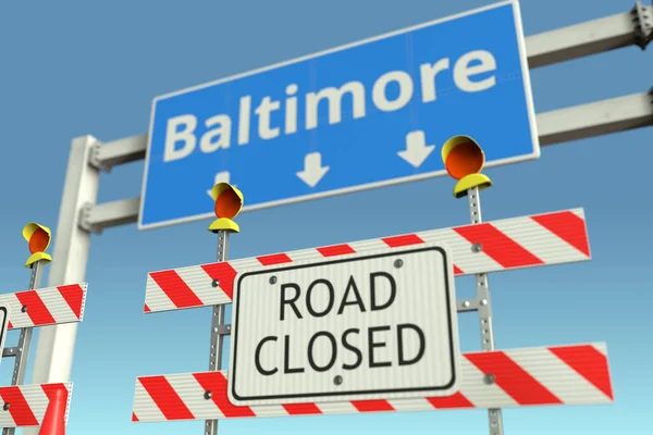 Straßenbarrikaden in der Nähe des Straßenschildes der Stadt Baltimore. Coronavirus-Quarantäne oder Lockdown in den USA — Stockfoto