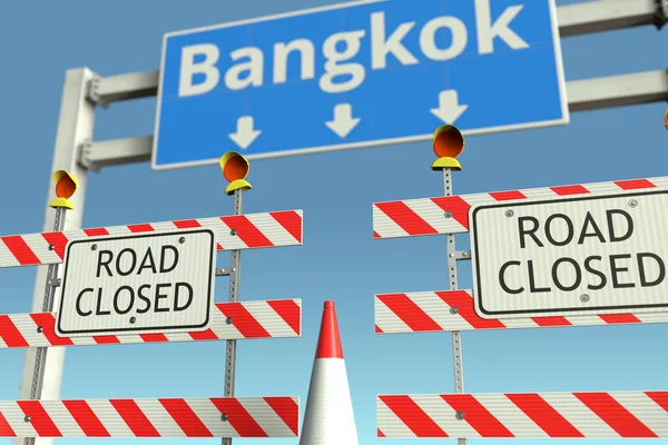Trafikavspärrningar nära Bangkoks trafikskylt. Coronavirus sjukdom karantän eller nedstängning i Thailand konceptuell 3D-rendering — Stockfoto