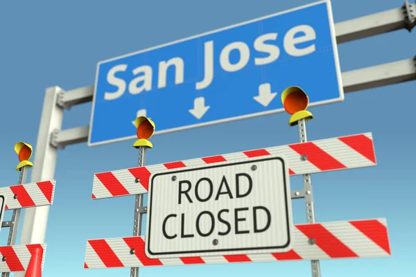 Trafikavspärrningar vid San José-stadens trafikskylt. Coronavirus sjukdom karantän eller nedstängning i USA konceptuell 3D-rendering — Stockfoto