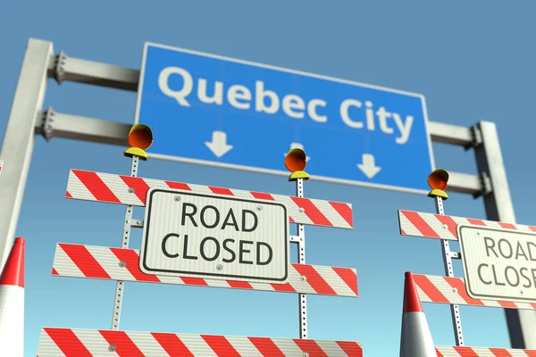Verkehrsbarrikaden in der Nähe von Quebec City Verkehrsschild. Lockdown in Kanada konzeptionelles 3D-Rendering — Stockfoto