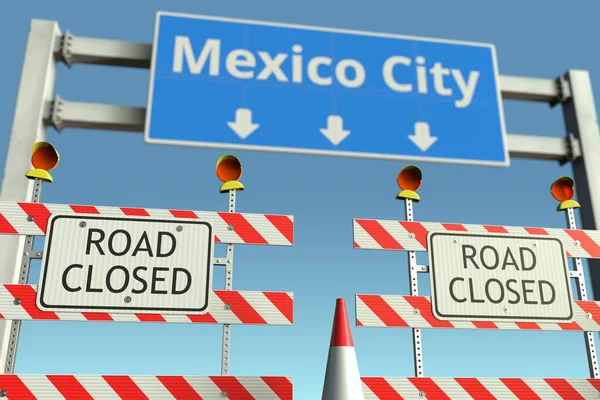 Barreras en el semáforo de la Ciudad de México. Cuarentena o bloqueo de enfermedad por Coronavirus en México renderizado 3D conceptual — Foto de Stock