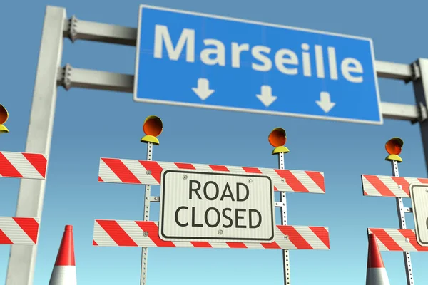 Posto di blocco vicino al cartello stradale di Marsiglia. Quarantena o blocco della malattia di Coronavirus in Francia rendering 3D concettuale — Foto Stock