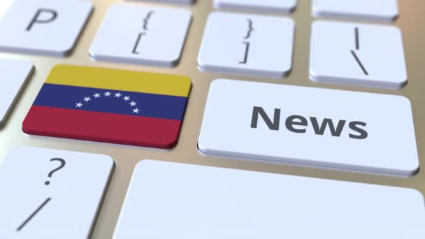 Κείμενο ειδήσεων και σημαία της Βενεζουέλας στα πλήκτρα ενός πληκτρολογίου υπολογιστή. Εθνικό online media σχετικές εννοιολογική 3D animation — Αρχείο Βίντεο