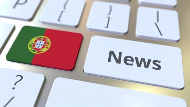 Portugália hírszövege és zászlója a billentyűzet billentyűzetén. Nemzeti online médiával kapcsolatos konceptuális 3D animáció — Stock videók