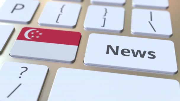 News text and flag of Singapore on the keys of a computer keyboard. National online media related conceptual 3D animation — Stock Video