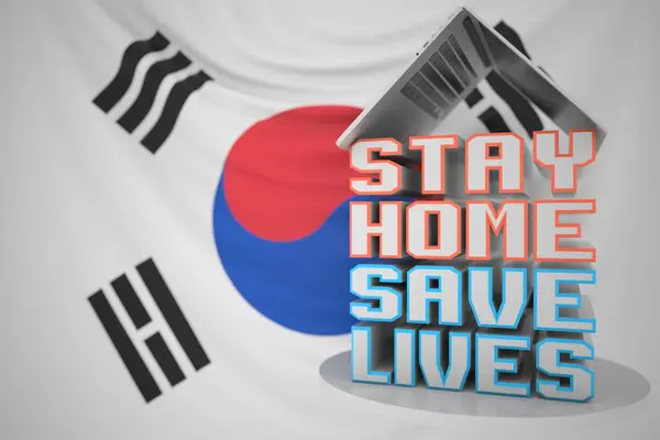 Laptop and STAY HOME SAVE LIVES texto no fundo da bandeira coreana. Distanciamento social durante o surto de COVID-19 na Coreia do Sul. Renderização 3D — Fotografia de Stock