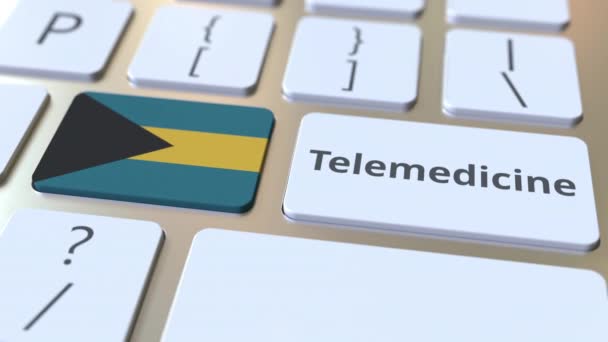 Telemedicínský text a vlajka Baham na klávesnici počítače. Vzdálená lékařská služba související konceptuální 3D animace — Stock video