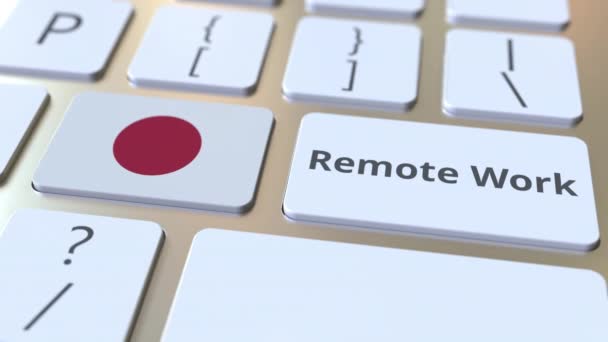 Texto de trabajo remoto y bandera de Japón en el teclado de la computadora. Animación conceptual en 3D relacionada con el teletrabajo o el teletrabajo — Vídeo de stock