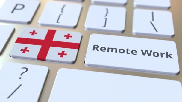 Texto de trabalho remoto e bandeira da Geórgia no teclado do computador. Telecomutação ou teletrabalho relacionados animação conceitual 3D — Vídeo de Stock