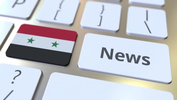 Nieuwsbericht en vlag van Syrië op de toetsen van een toetsenbord. Nationale online media gerelateerde conceptuele 3D animatie — Stockvideo