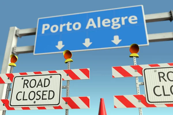 Barrages routiers près de Porto Alegre panneau routier de la ville. Verrouillage au Brésil rendu 3D conceptuel — Photo