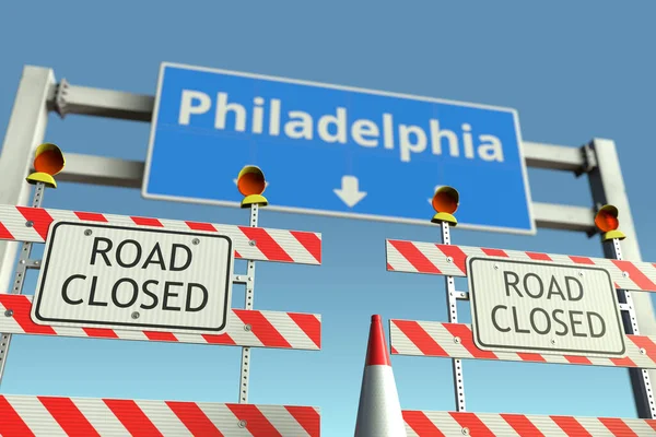 Barreras cerca del semáforo de la ciudad de Filadelfia. Cuarentena o bloqueo de la enfermedad por Coronavirus en los Estados Unidos renderizado 3D conceptual — Foto de Stock