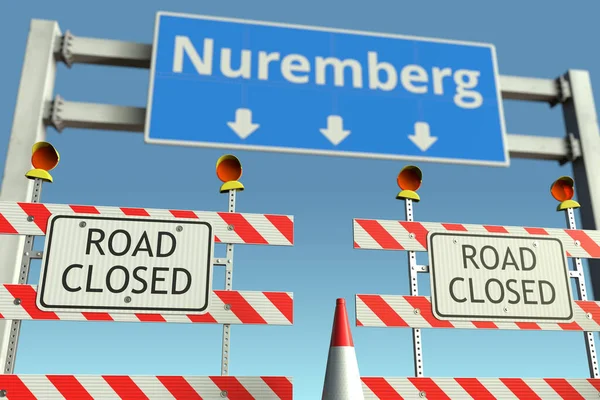 Roadblock perto de sinal de trânsito da cidade de Nuremberga. Quarentena ou bloqueio da doença por coronavírus na Alemanha renderização 3D conceitual — Fotografia de Stock