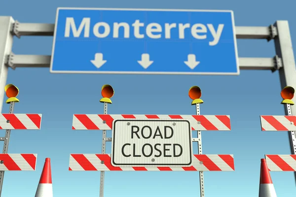 Barricadas de tráfico en el semáforo de Monterrey. Cuarentena o bloqueo de enfermedad por Coronavirus en México renderizado 3D conceptual — Foto de Stock