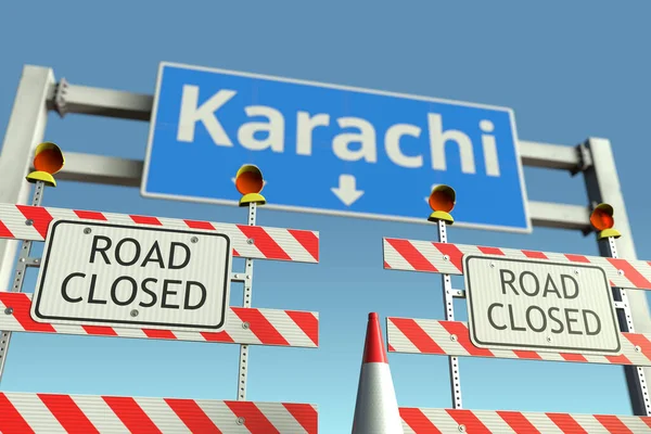 Verkehrsbarrikaden in der Nähe des Verkehrsschildes der Stadt Karachi. Aussperrung in Pakistan — Stockfoto