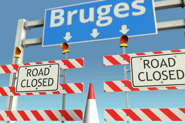 Bloqueo de carreteras en el semáforo de Brujas. Cuarentena o bloqueo de la enfermedad por Coronavirus en Bélgica renderizado 3D conceptual — Foto de Stock