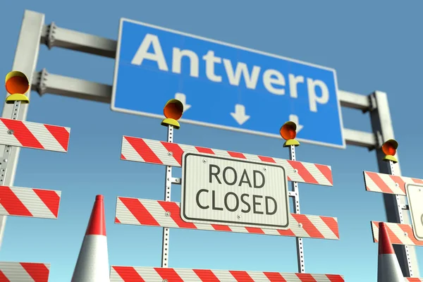 Zátaras poblíž městského dopravního značení v Antverpách. Karanténa nebo uzamčení v Belgii koncepční 3D vykreslování — Stock fotografie