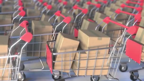 Many shopping carts loaded with boxes. Loopable 3D animation — Stock Video