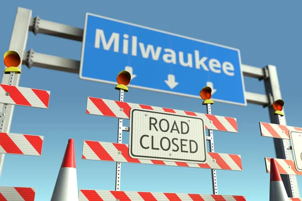Barricadas de carretera cerca de la ciudad de Milwaukee señal de tráfico. Lockdown en los Estados Unidos renderizado 3D conceptual — Foto de Stock