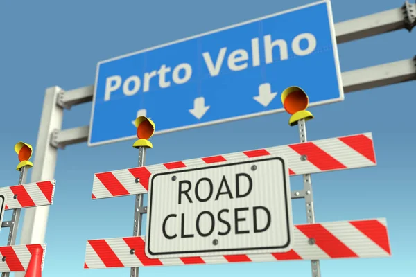 Roadblock perto do sinal de trânsito da cidade de Porto Velho. Quarentena ou bloqueio no Brasil renderização 3D conceitual — Fotografia de Stock