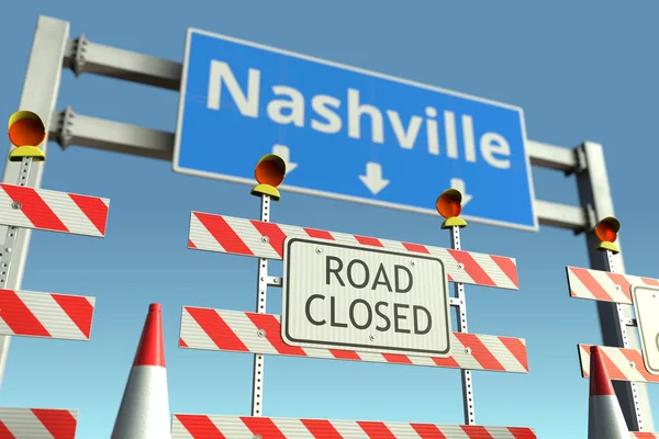 Straßenbarrikaden in der Nähe eines Straßenschildes in Nashville. Coronavirus-Quarantäne oder Lockdown in den USA — Stockfoto