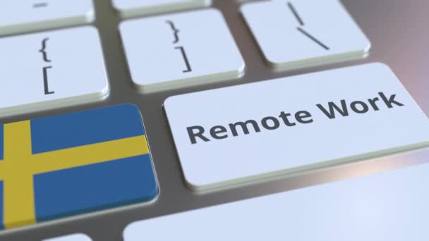 Remote Work text and flag of Sweden on the computer keyboard. Telecommuting or telework related conceptual 3D animation — Stock Video