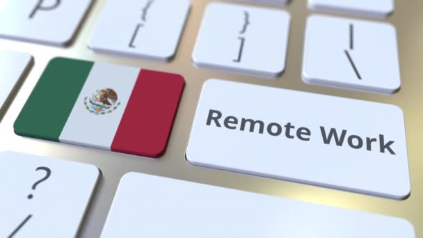 Texto de trabalho remoto e bandeira do México no teclado do computador. Telecomutação ou teletrabalho relacionados animação conceitual 3D — Vídeo de Stock