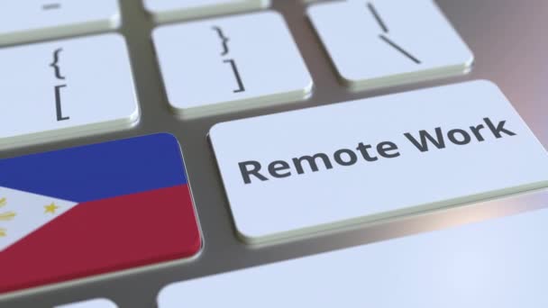Texto de trabalho remoto e bandeira de Filipinas no teclado do computador. Telecomutação ou teletrabalho relacionados animação conceitual 3D — Vídeo de Stock