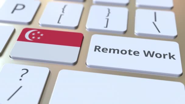 Remote Work testo e bandiera di Singapore sulla tastiera del computer. Telecommutazione o telelavoro animazione concettuale 3D — Video Stock