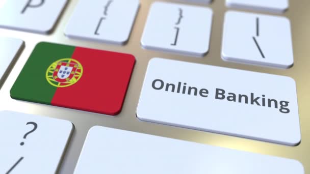 Online Banking text och Portugals flagga på tangentbordet. Internetfinansieringsrelaterad konceptuell 3D-animering — Stockvideo