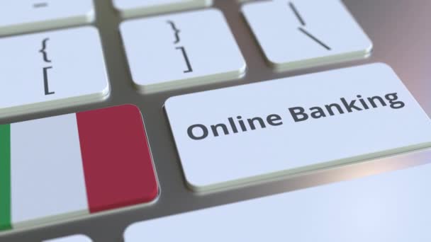 Online Banking texto e bandeira da Itália no teclado. Internet finanças relacionadas animação 3D conceitual — Vídeo de Stock