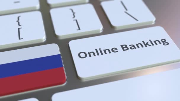 Online Banking texto e bandeira da Rússia no teclado. Internet finanças relacionadas animação 3D conceitual — Vídeo de Stock