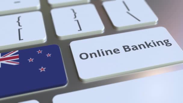 Online Banking text och flagga Nya Zeeland på tangentbordet. Internetfinansieringsrelaterad konceptuell 3D-animering — Stockvideo