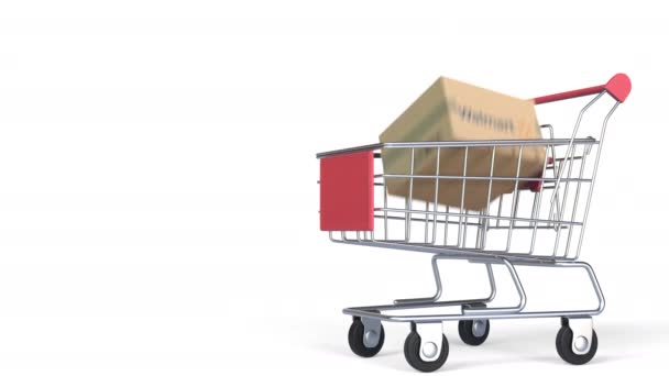 Logotipo WALMART en cajas en el carrito de la compra. Animación Editorial 3D — Vídeo de stock