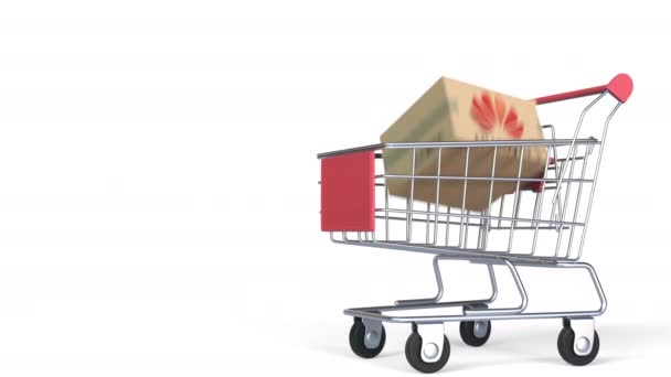 Logo de HUAWEI en cajas en el carrito de la compra. Animación Editorial 3D — Vídeo de stock