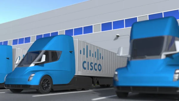Електричні причепні вантажівки з логотипом Cisco завантажуються або розвантажуються на складі. Логістика пов'язана 3D рендеринг — стокове фото