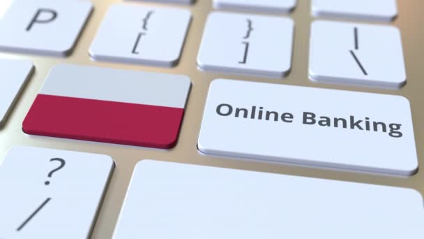 Online Banking Text und Flagge von Polen auf der Tastatur. Konzeptionelle 3D-Animation zur Internetfinanzierung — Stockvideo