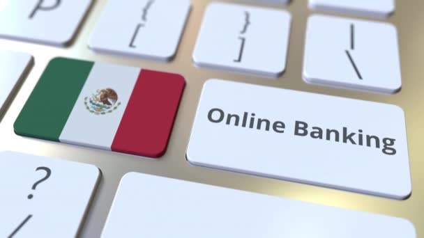 Online Banking texto e bandeira do México no teclado. Internet finanças relacionadas animação 3D conceitual — Vídeo de Stock