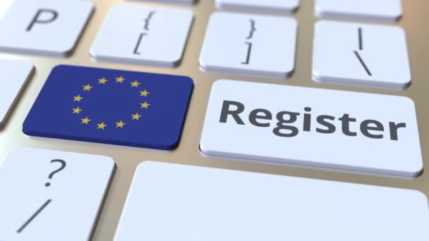 Registrar texto y bandera de la Unión Europea en el teclado. Servicios en línea relacionados con animación 3D — Vídeo de stock