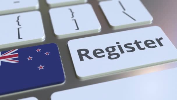 Register text and flag of New Zealand on the keyboard. Online services related 3D animation — Stock Video