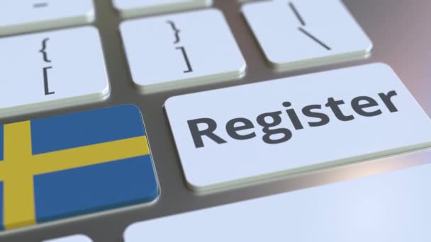 Register text and flag of Sweden on the keyboard. Online services related 3D animation — Stock Video