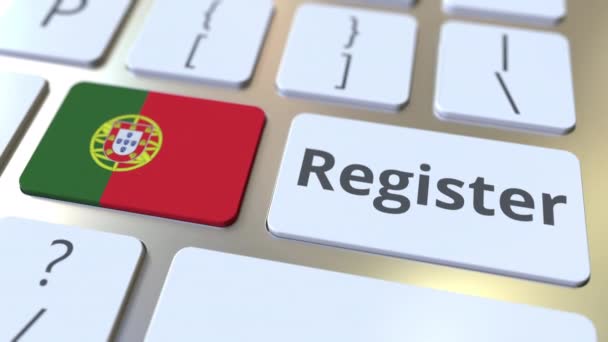 Registreer tekst en vlag van Portugal op het toetsenbord. Online diensten gerelateerde 3D animatie — Stockvideo