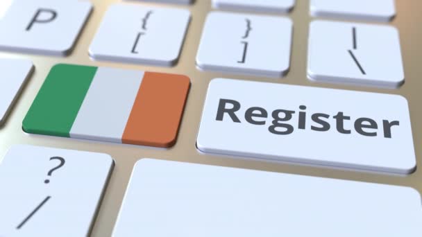 Register text and flag of the Republic of Ireland on the keyboard. Online services related 3D animation — Stock Video