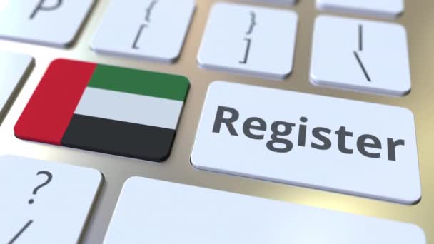 Register text and flag of the United Arab Emirates on the keyboard. Online services related 3D animation — Stock Video