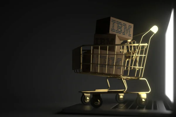 Krabice s logem IBM ve zlatém nákupním vozíku na notebooku. Editorial premium service related 3D rendering — Stock fotografie