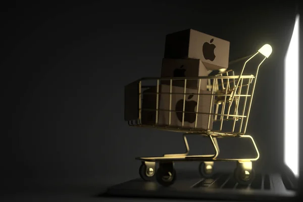 Muitas caixas com logotipo INC APPLE no carrinho de compras dourado no laptop. Renderização 3D relacionada ao serviço premium editorial — Fotografia de Stock