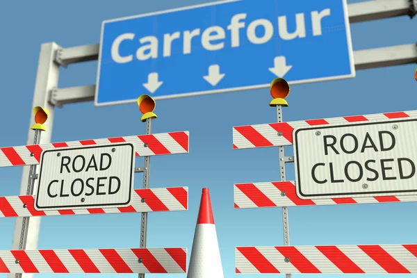 Barricadas de trânsito perto do sinal de trânsito da cidade de Carrefour. Lockdown conceitual renderização 3D — Fotografia de Stock
